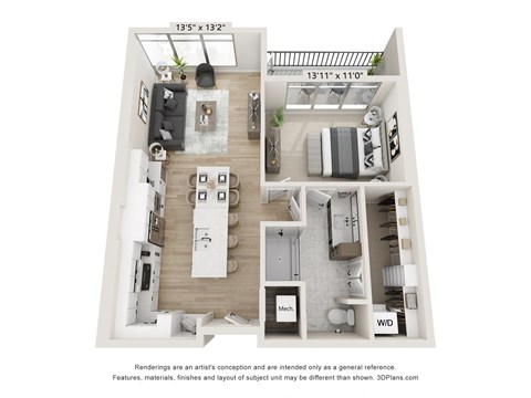 Floor plan for 1 bed, 1 bath, 861 sqft